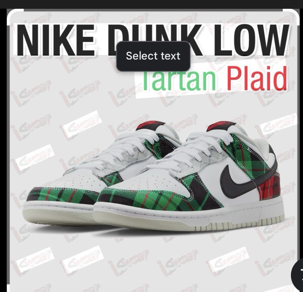 Size 10-New Nike Dunk Low 'Tartan Plaid' White Black Red Grey DV0827-100